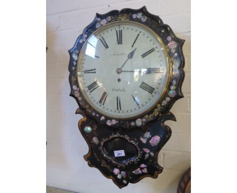 A 19th Century drop dial wall clock with mother of pearl inlay - the pointed 12" dial indistinctly signed - with a single fus