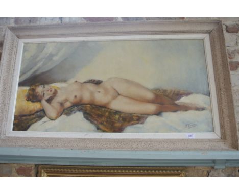 A 1930s oil on canvas of a reclining nude - signed R Triaureau - 48cm x 99cm - recently cleaned and in good condition