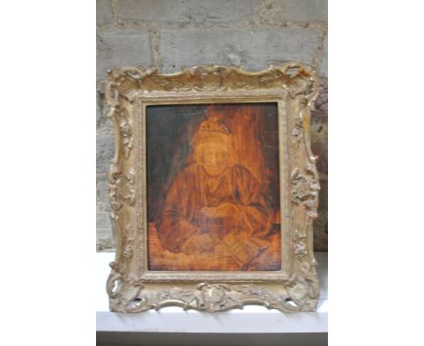 Portrait on panel of a man counting his money in the style of Peter Adolph Hall - 24cm x 19cm - in a gilt frame