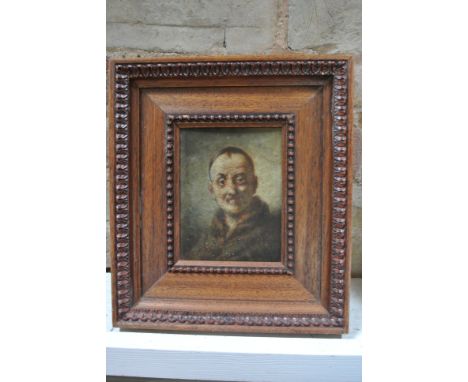 An oil on panel portrait in the style of David Teniers - 15cm x 12cm - no obvious damage to painting - modern frame
