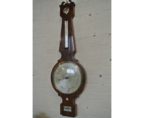 A good quality early 19th Century large mahogany barometer with a thermometer over a 30cm silvered dial - the spirit cover si