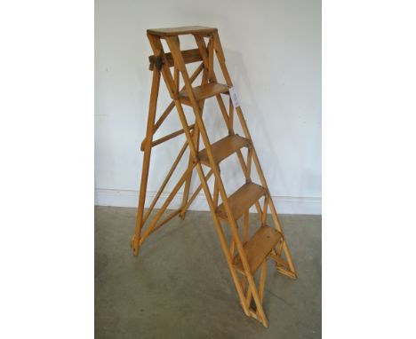 Early 20th Century polished oak folding step ladder - 145cm tall
