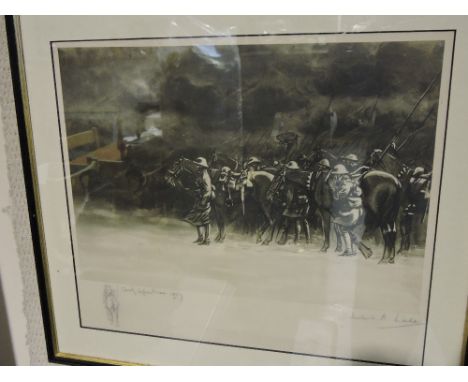 Herbert A Lake, (20th Century, British) 'Cavalry Before Arras, 1917' ink and watercolour, signed lower right and titled with 