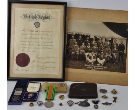 A quantity of British Legion ephemera associated with Louis F Thorn, including a 9ct gold President's lapel badge, 8.4g and a