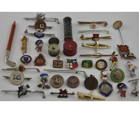 A small collection of golfing ephemera, including enamel club lapel pins, tie pins and sundry other items.