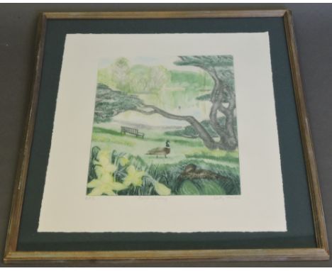 Sally Hunkin, April Morning, coloured print, signed and titled along the base, 43 x 30cm. 