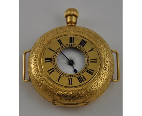 A Victorian 18ct cased half hunter fob watch with blue enamel Roman numerals, (later adapted to a wristwatch).
