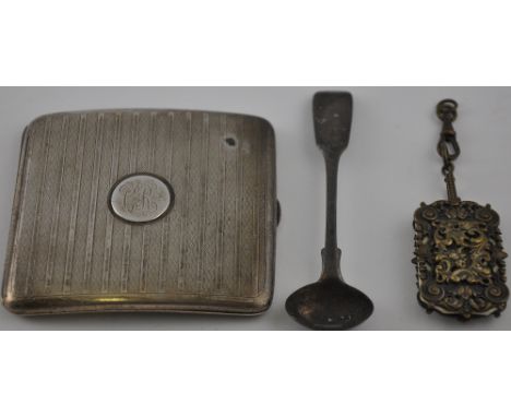 A George V engine turned silver cigarette case, a Georgian mustard spoon and a 19th Century Continental silver plated dance c