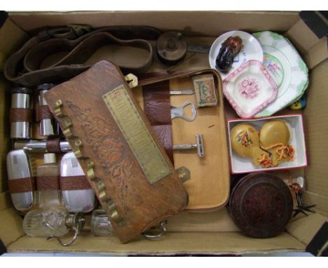 A mixed collection of items to include: Edwardian wall mounting pipe rack, gents cased vanity set, bakelite lidded circular b