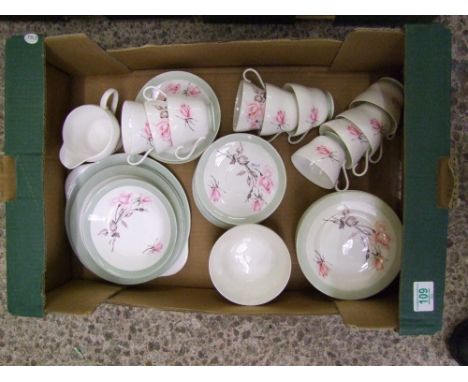 Shelley Rosalie tea and dinner ware: to include 12side plates, 2 sugar bowls, 12 saucers, 10 cups, milk jug cake plate etc 