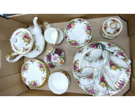 Royal Albert old country roses tea set: to include teapot , 4 cups &amp; saucers, 6 side plates, milk jug, preserve pot and s