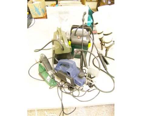 A collection of electrical power tools: sander, planer, Ronseal power sprayer, used/untested. 