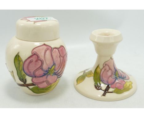 Moorcroft pink magnolia ginger jar: together with a matching candlestick (2) 
