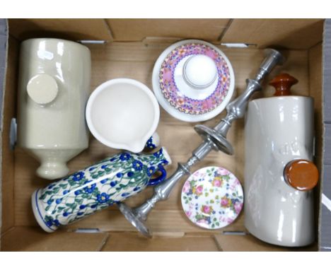 A mixed collection of items to include Spode pestal: pair of pewter candlesticks, bed warmers etc 