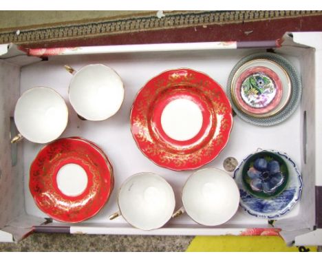 A mixed collection of ceramic items to include small Moorcroft pin dish : Royal Standard 4 trios , Delph small wall plaques ,