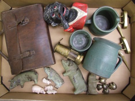 A mixed collection of items to include: vintage cast metal 'Jolly Lady' money box, mini brass miners lamp, group of ceramic, 