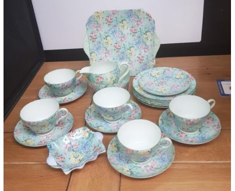 Shelley Melody tea ware: pattern number 13453 to include 5 cups &amp; saucers , milk jug , sugar bowl (a/f), side plates, cak