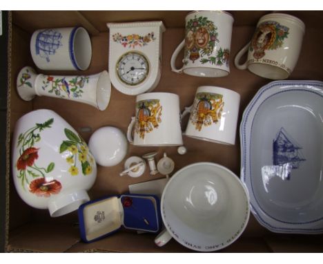 A mixed collection of items to include: Spode 'Country Lane' lidded jar, Aynsley Pembroke vase, Aynsley Somerset mantel clock