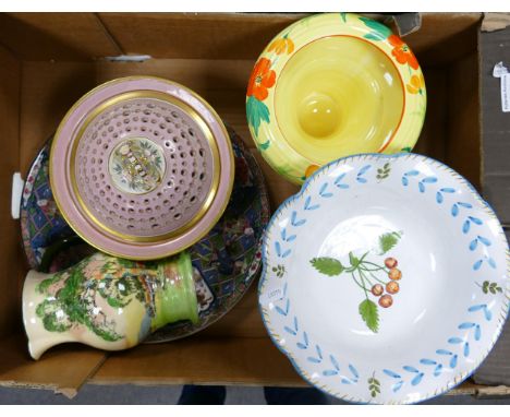 A mixed collection of ceramic items to include Gordan Fox potpourri dish, Royal Doulton series ware jug, oriental plate , foo