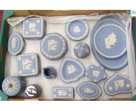 Wedgwood jasper ware items to include: trinket boxes, pin dishes, table lighter etc (1 tray). 