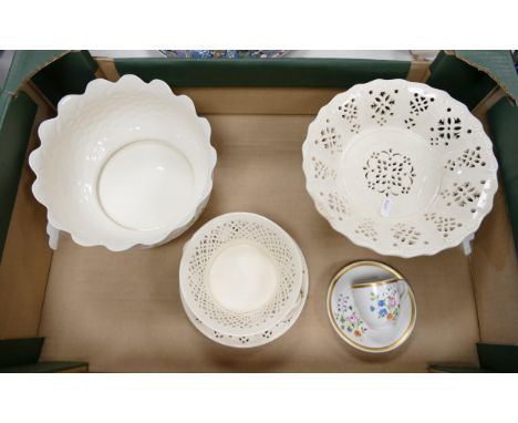 A mixed collection of items to include Belleek bowl: Royal Creamware footed cake stand and bowl, Royal Worcester hand decorat