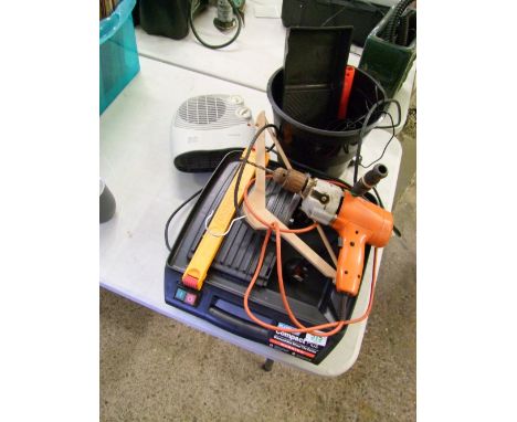 Mixed tools: tile cutter, Black and Decker SDS drill, heater etc. 