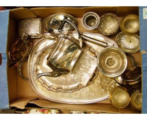 A mixed collection of metal ware items to include: silver plated tea service, goblets, boxes, trays etc (1 tray). 