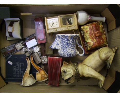 A mixed collection of items to include: cased Meerschaum pipe, vintage pair of spectacles, gents watches, threepence piece co