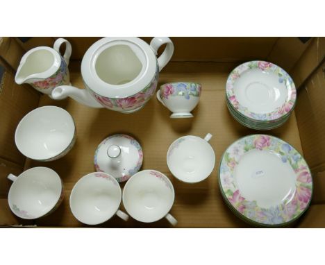 Royal Albert Fonteyn tea set: to include teapot, 6 side plates, 6 saucers, 5 cups , milk jug and sugar bowl ( 1tray) 