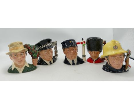 Royal Doulton character jugs to include fireman: D6839, Policeman D6852, Engine driver D6823 and Gardener D6868 (5) 