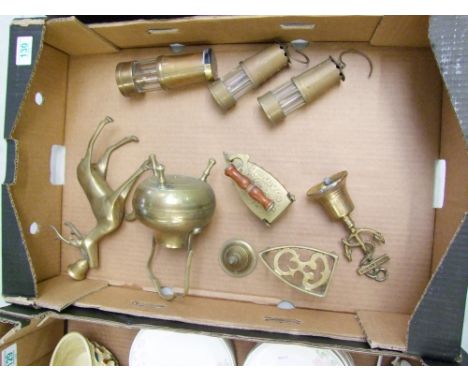 A mixed collection of Brass ware items to include miniature minors lamps (1 converted to a table lighter) Brass Kettle, Brass