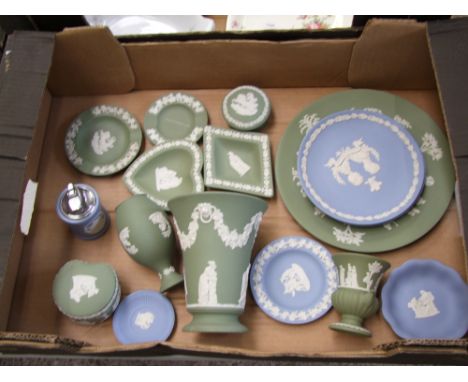 Wedgwood jasper ware to include lighter: lidded boxes, vases etc 