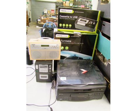 Sony record player together with: boxed USB turntable, boxed cassette to USB unit, 2 x radios etc. 