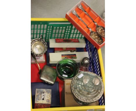 Box of mixed silver plated items to include; boxed cutlery, cube money box, hallmarked silver rimmed green glass vase, plus a