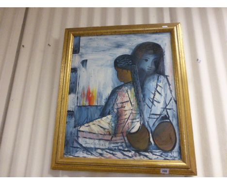 Modernist painting portrait of two Asian girls signed Jonkeneel