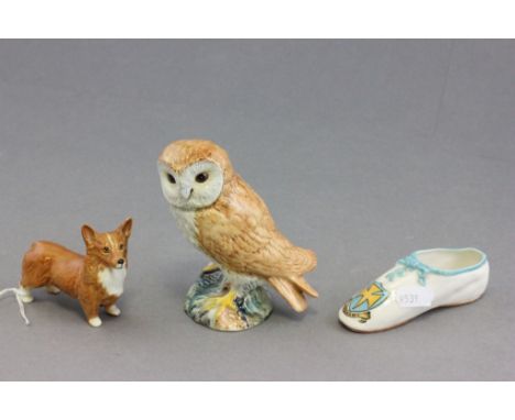 Beswick owl, Beswick corgi and Goss crested china shoe