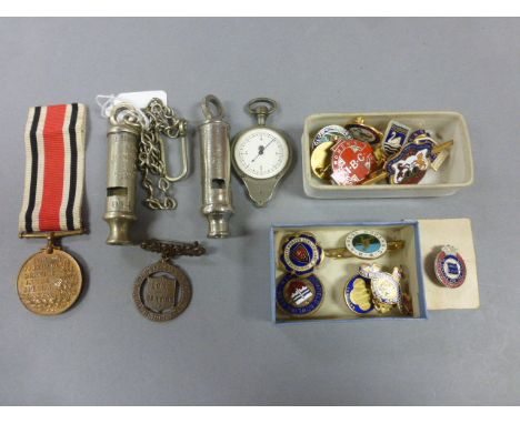 Mixed lot of vintage police items and enamel badges to include; metropolitan whistle, special constable medals etc 