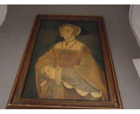 A framed print of Catherine of Aragon together with two straw boaters