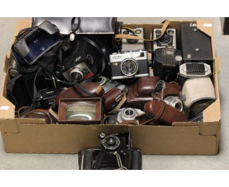 A box of of vintage cameras to include Kodak Box Brownies; Zeiss IKon and Polaroid 