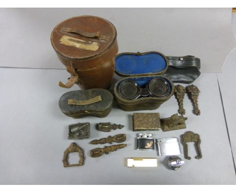 Two pairs of French white metal opera glasses; together with other collectibles to include a good tan leather flask holder