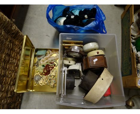 A box of various clock and watch parts and accessories