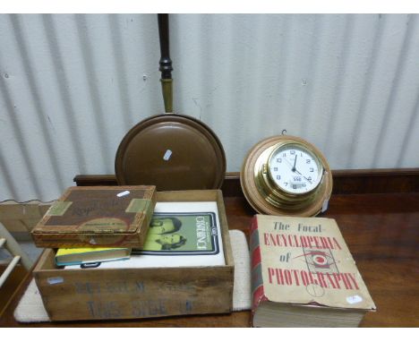 Mixed lot to include; 1st Edition Bunter's Last Fling book, magnetic fishing game, wooden box & quartz ship style clock & cop