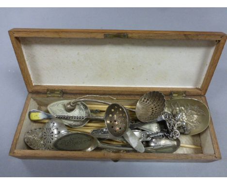 Vintage wooden box with bone crochet hooks, silver plated cutlery Georgian silver spoon etc    