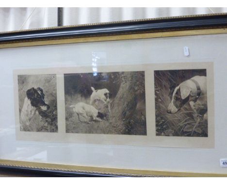 A signed print of three hunting dogs; framed and glazed