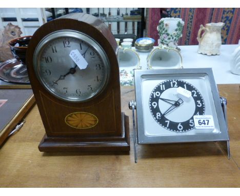 An Edwardian mahogany inlaid domed top mantle clock; together with an Art Deco chrome cased Glen swivel mantle clock