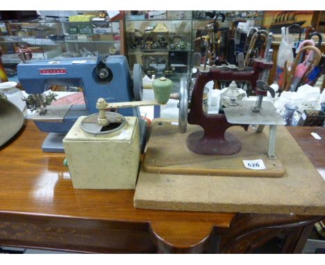 Two Vintage childs sewing machines including Vulcan plus a small vintage coffee grinder   