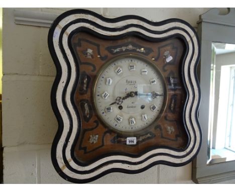 An unuasual  French hanging wall clock; of cartouche shape; with mother of pearl decoration; the white painted dial with appl