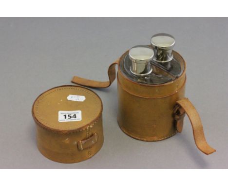 Vintage Cylindrical Leather Hunting Case containing Two Glass Flasks / Bottles