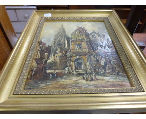 A pair of early 20th century oil on board on continental town scenes together with print of a horse in a stable; each in a gi