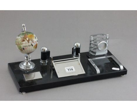 A 1930s chrome and painted desk tidy; surmounted with a small hardstone set globe